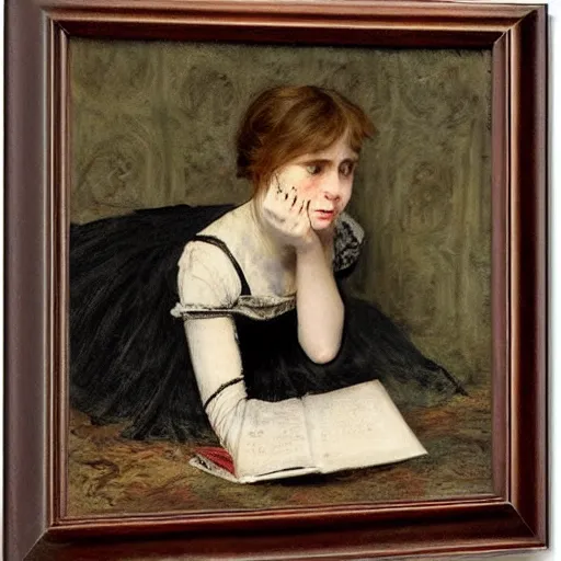 Prompt: scared young victorian lady reading a horror book, painted by alfred stevens