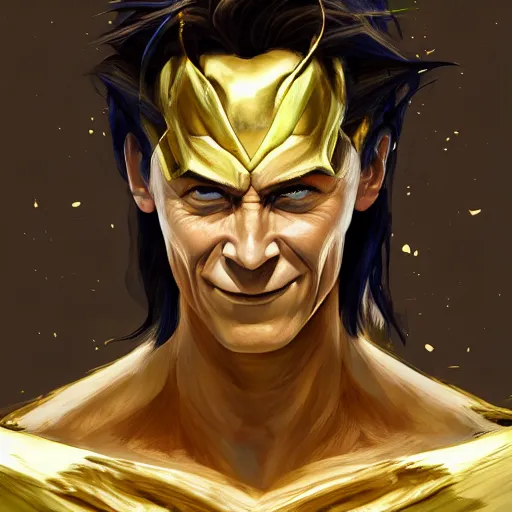 Image similar to loki going super sayain, au naturel, hyper detailed, digital art, trending in artstation, cinematic lighting, studio quality, smooth render, unreal engine 5 rendered, octane rendered, art style by klimt and nixeu and ian sprigger and wlop and krenz cushart