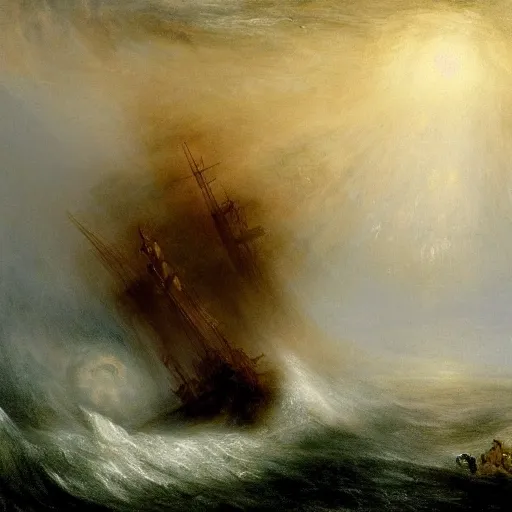 Prompt: giant octopus with giant tentacles fighting with a frigate on a stormy sea, in the style of jmw turner