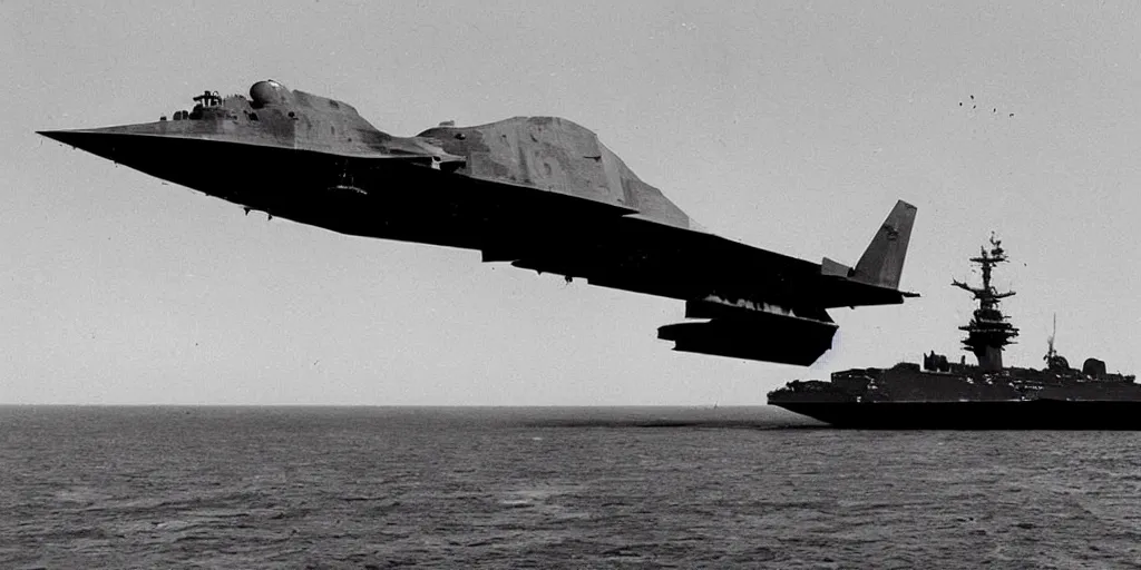 Image similar to a black monolith floats in the sky above an aircraft carrier 1 9 5 0, archive photo