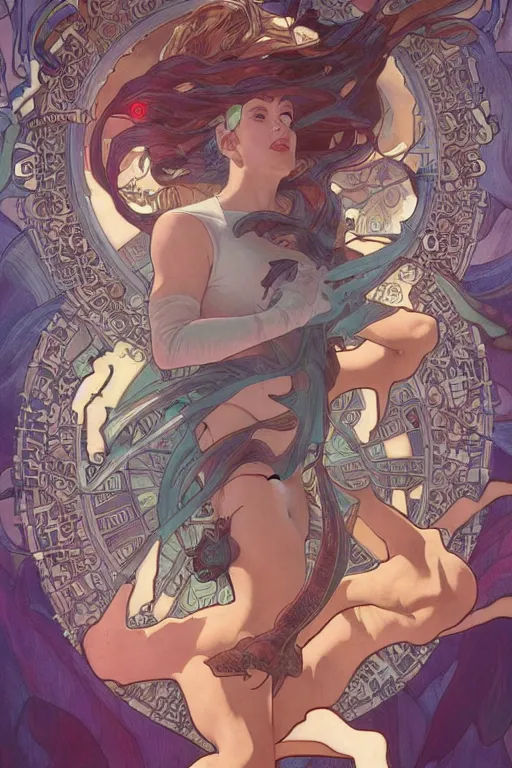 Image similar to swimming through time, by artgerm and moebius and alphonse mucha, hyperdetailed, dc comics, explosions in the sky, trending on artstation