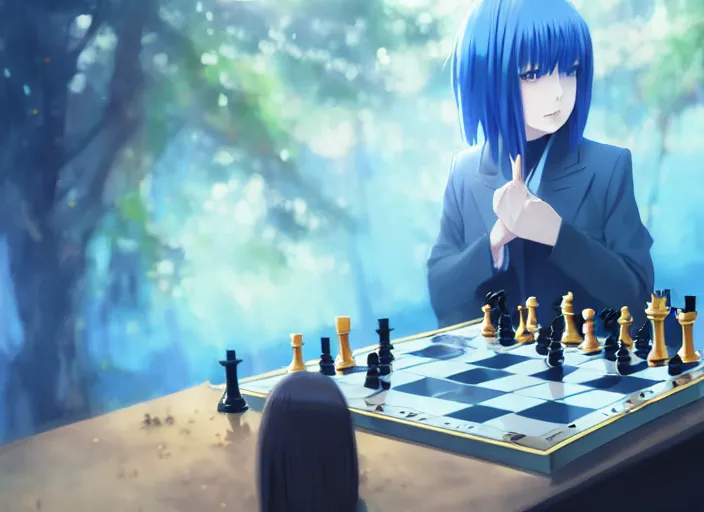 Prompt: rimuru playing chess, with gold eyes, sky blue straight hair, bangs, black jacket, high collar, concept art, award winning photography, digital painting, cinematic, by wlop, anime key visual, wlop, 8 k, by ross tran, tom bagshaw, ilya kuvshinov, andy warhol