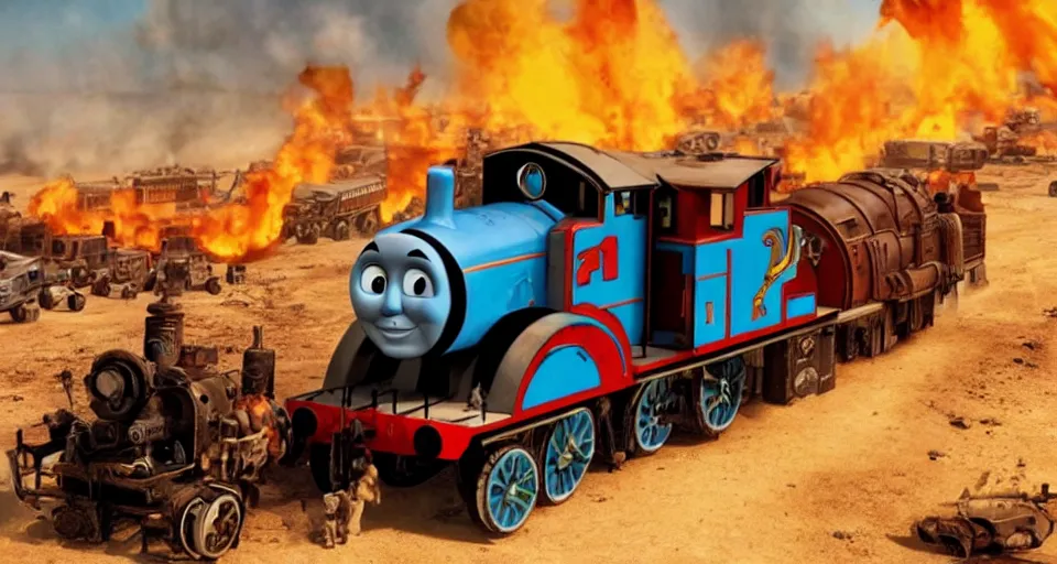 Image similar to Thomas the Tank Engine in the fiery Wasteland of MAD MAX: FURY ROAD