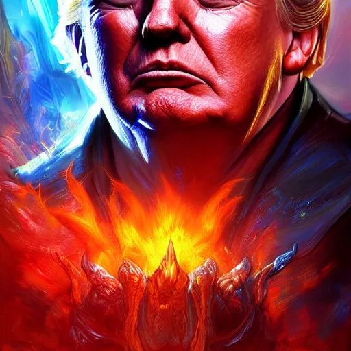 Image similar to donald trump as diablo character, digital illustration portrait design, by android jones and greg rutkowski, retrowave color scheme, detailed, cinematic lighting, wide angle action dynamic portrait