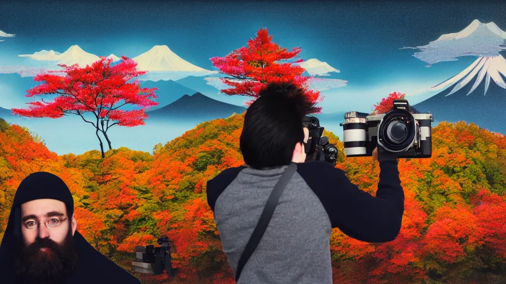 Prompt: portrait of a bearded german photographer holding up a dslr to take a photograph, at a vast temple under a vivid autumn sky, aomori japan, a collage painting, in the style of wes anderson, lola dupre, david hockney, isolated on negative white space background dark monochrome neon spraypaint accents volumetric octane render