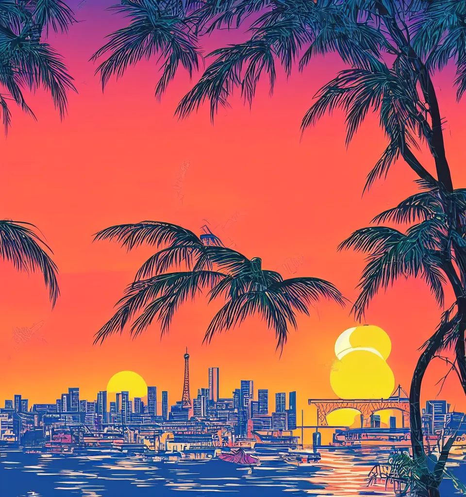 Image similar to gorgeous romantic sunset, cliffside onlooking the beautiful city of paris, warm colors, tropical, in the style of hiroshi nagai, very detailed, tropical, 8 0 s