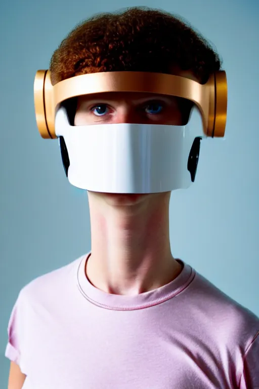 Image similar to a high definition film photograph of a normal androgynous robot human wearing a plain white t - shirt, in a pastel pink room. happy. metal visor covering eyes. metallic shiny gold coloured helmet. crushed shadows.