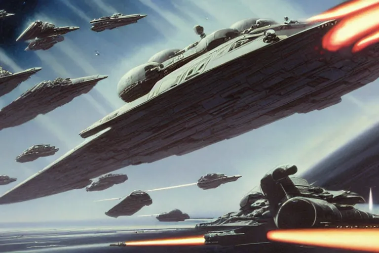 Image similar to ralph mcquarrie concept art, scene : the death star is rocked by explosions as the rebel fleet zooms over, unloading a heavy barrage. luke struggles to carry the enormous weight of his father's dying body toward an imperial shuttle. father's dying body toward an imperial shuttle. by artgerm and greg rutkowski and alphonse mucha