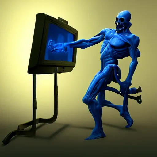 Image similar to the body of a grim reaper with a crt monitor for a head and a screen for a face. the monitor has a blue screen with white letters on it. by frank frazetta, simon bisley, brom, concept art, octane render, unreal engine 5, highly detailed, high quality, 8 k, soft lighting, realistic face, path traced