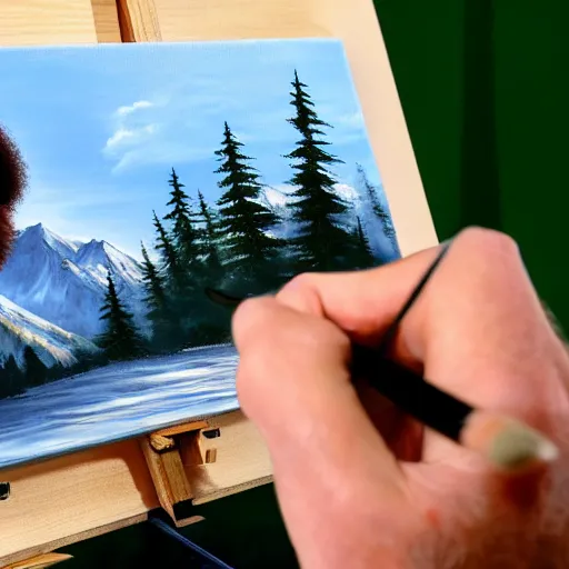 Image similar to a closeup photorealistic photograph of bob ross adding the finishing touches on a canvas painting of kenny powers. mountains and trees. film still. brightly lit scene. this 4 k hd image is trending on artstation, featured on behance, well - rendered, extra crisp, features intricate detail, epic composition and the style of unreal engine.