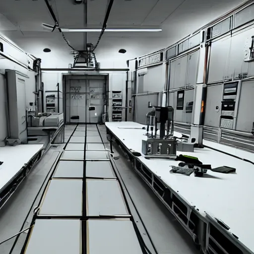 Image similar to secret experiments room inside a big lab, nuclear waste, highly detailed, hd, unreal engine, mirror's edge + i, robot