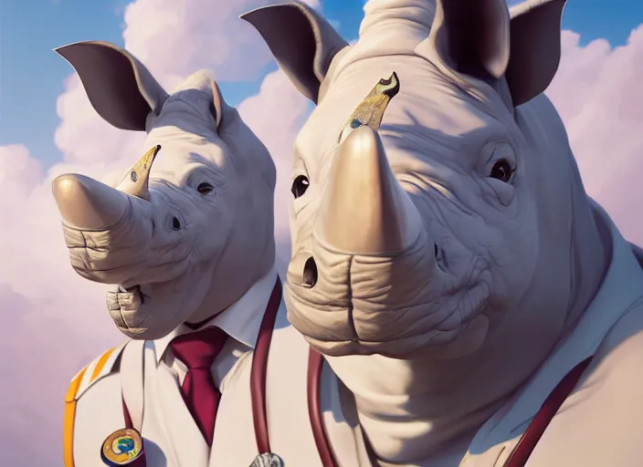 Prompt: character portrait feature of the anthro male anthropomorphic white rhino fursona wearing airline pilot outfit uniform professional pilot character design stylized by charlie bowater, ross tran, artgerm, and makoto shinkai, detailed, soft lighting, rendered in octane, maldives in background