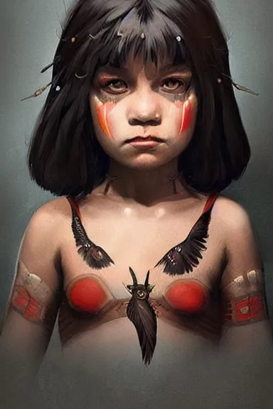 Image similar to little girl character inspired in indigenous and raven, digital art by cushart krenz, highly detailed, anatomically correct, symmetrical