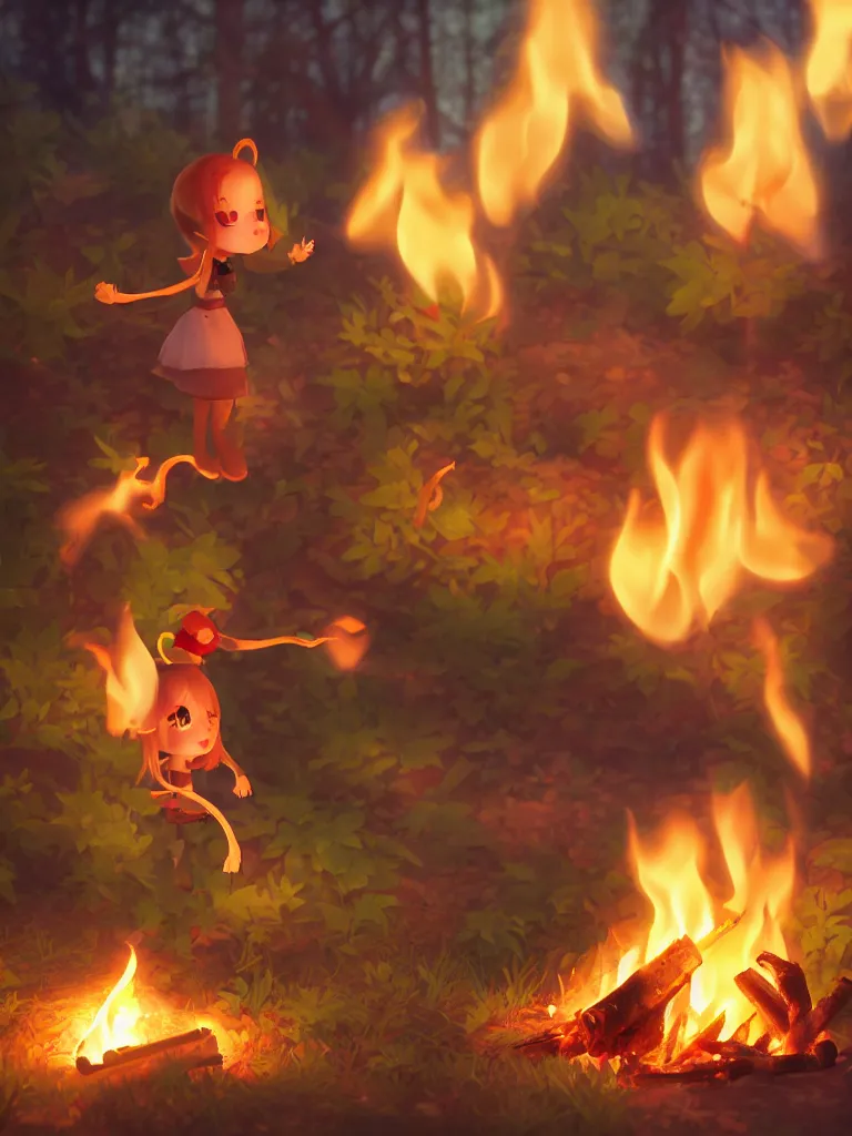 Prompt: cute fumo plush pyromaniac girl giddily starting a fire in the forest, campfire, flames, warm glow and volumetric smoke vortices, composition, vignette, vray