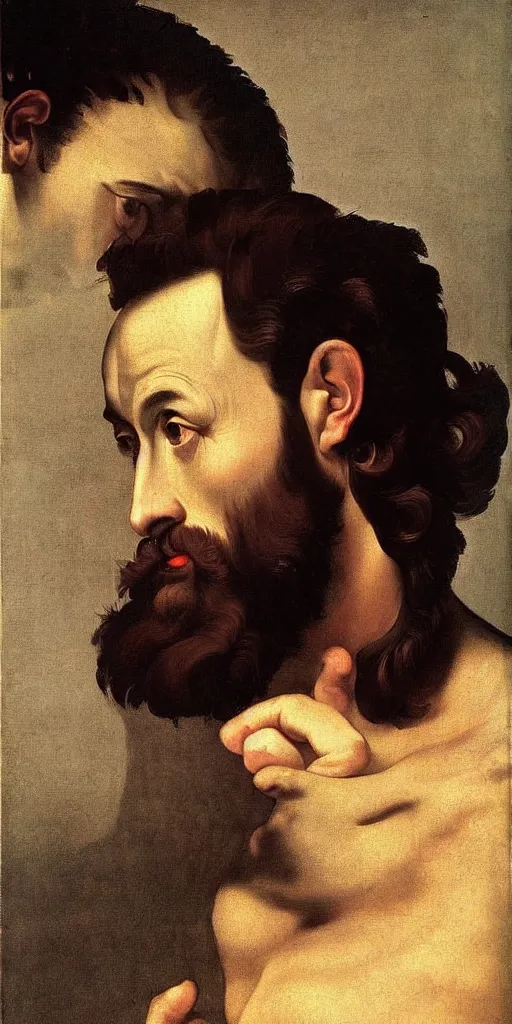 Image similar to midle-aged gigachad with thick eyebrows, short brown hair and short beard, very detailed, smooth, realistic, painted by Caravaggio, painted by Buguereau