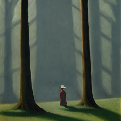 Image similar to shadow monster hiding behind a tree, in the style of a Edward Hopper painting, eerie,