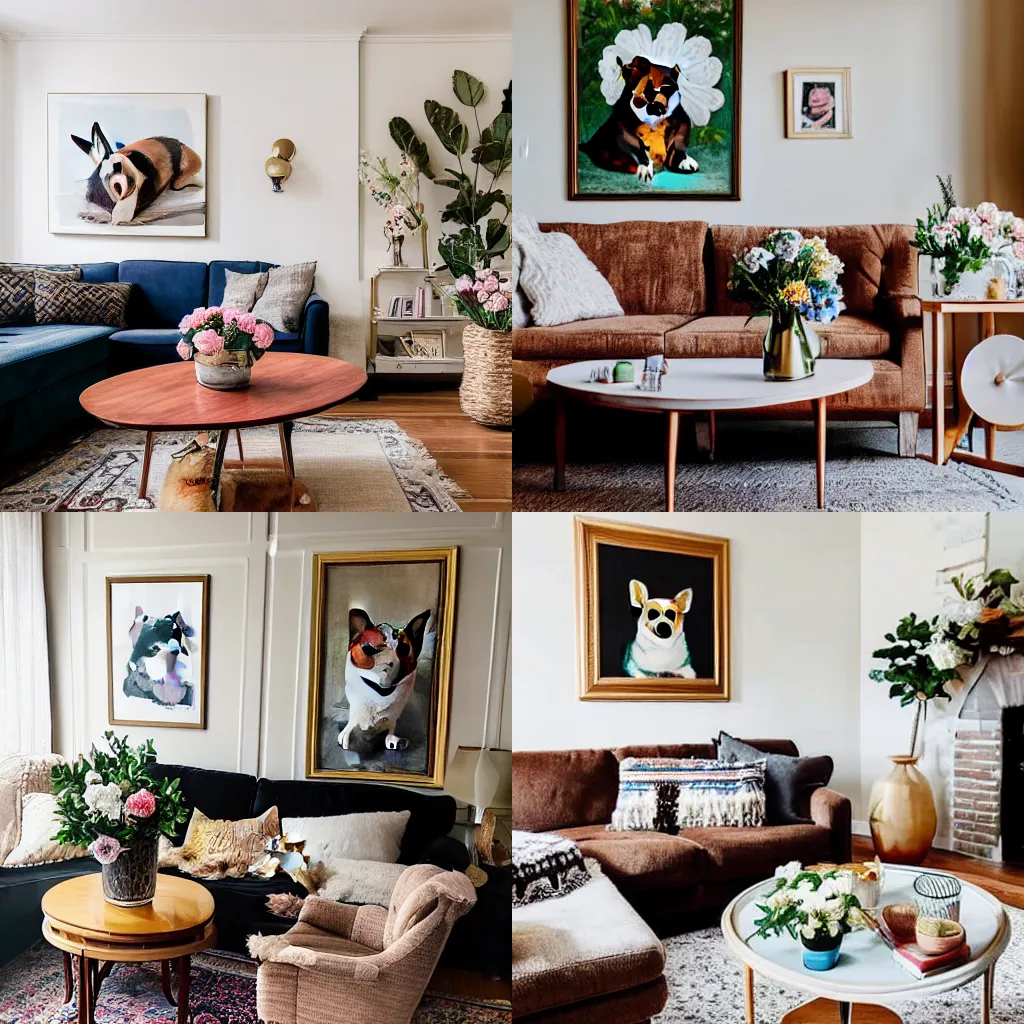 Image similar to A cozy living room with a painting of a corgi on the wall above a couch and a round coffee table in front of a couch and a vase of flowers on a coffee table.