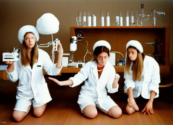 Prompt: realistic photo of a three young female scientists wearing white shorts, faces hidden veil, watching at a levitating fluffy furry cloud, in a living room sci - fi laboratory with many wooden gadgets made of wood interior is made of wood 1 9 9 0, life magazine reportage photo, natural colors