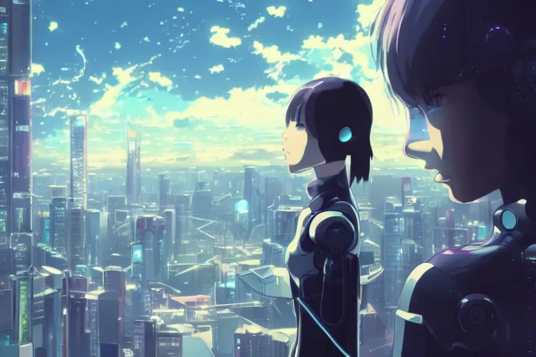 Prompt: makoto shinkai. robotic android girl. futuristic cyberpunk. dystopia. vibrant nebula sky. facing away.