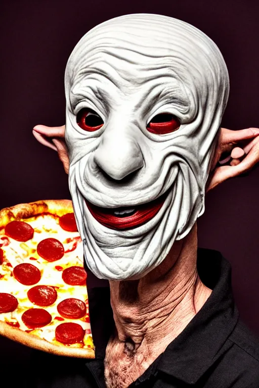 Prompt: portrait photo of an old wrinkled man, skinny face, bony face, long crooked nose, large gaping mouth, black pulcinella mask, masquerade mask, pointy conical hat, white wrinkled shirt, holding up a pizza, presenting a large pizza, close - up, skin blemishes, menacing, intimidating, masterpiece by lisa kristine