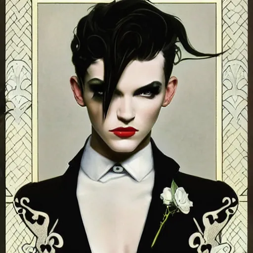 Image similar to beautiful portrait of androgynous ruby rose as desire from sandman in a white tuxedo!!!, rockabilly style, by alphonse mucha, cedric peyravernay, by jeremy mann, by frank moth, white suit and black tie, soft lightning, high detailed, 8 k