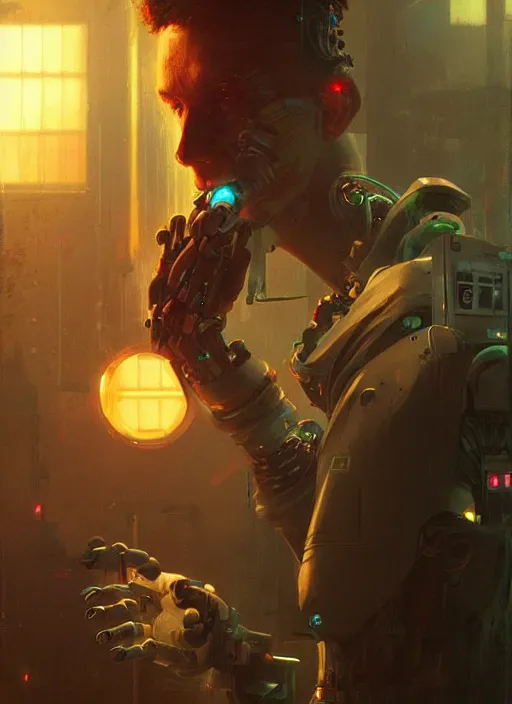 Image similar to a robotic man smoking a cigarette, cyberpunk, glowing lights, detailed artwork trending on artstation by greg rutkowski