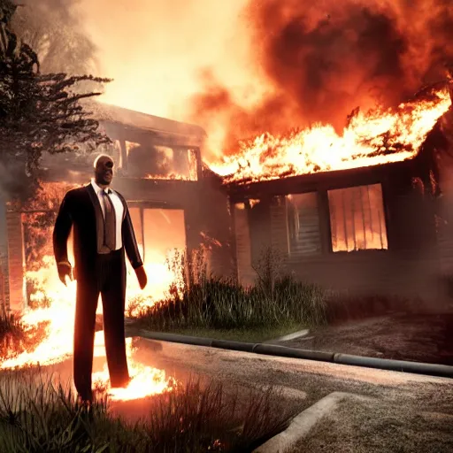 Prompt: a photo of a house burning down in the background and agent 4 7 with an eerie expression in the foreground, strong depth of field