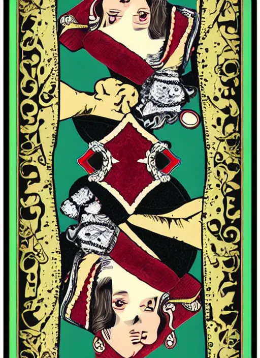 Prompt: playing card called the pregnant queen, 2D, in the style of bicycle cards,