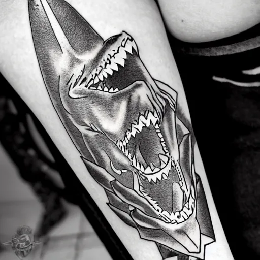 Image similar to flash tattoo of skeleton riding rocket in the shape of shark, black and white by sailor jerry, curt montgomery, bangbangnyc, ryan ashley, killkenny