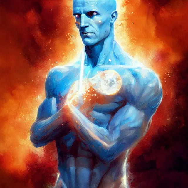 Image similar to a painting of doctor manhattan by greg rutkowski, dark fantasy art, high detail, trending on artstation