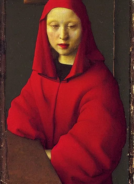 Image similar to red candle, medieval painting by jan van eyck, johannes vermeer, florence