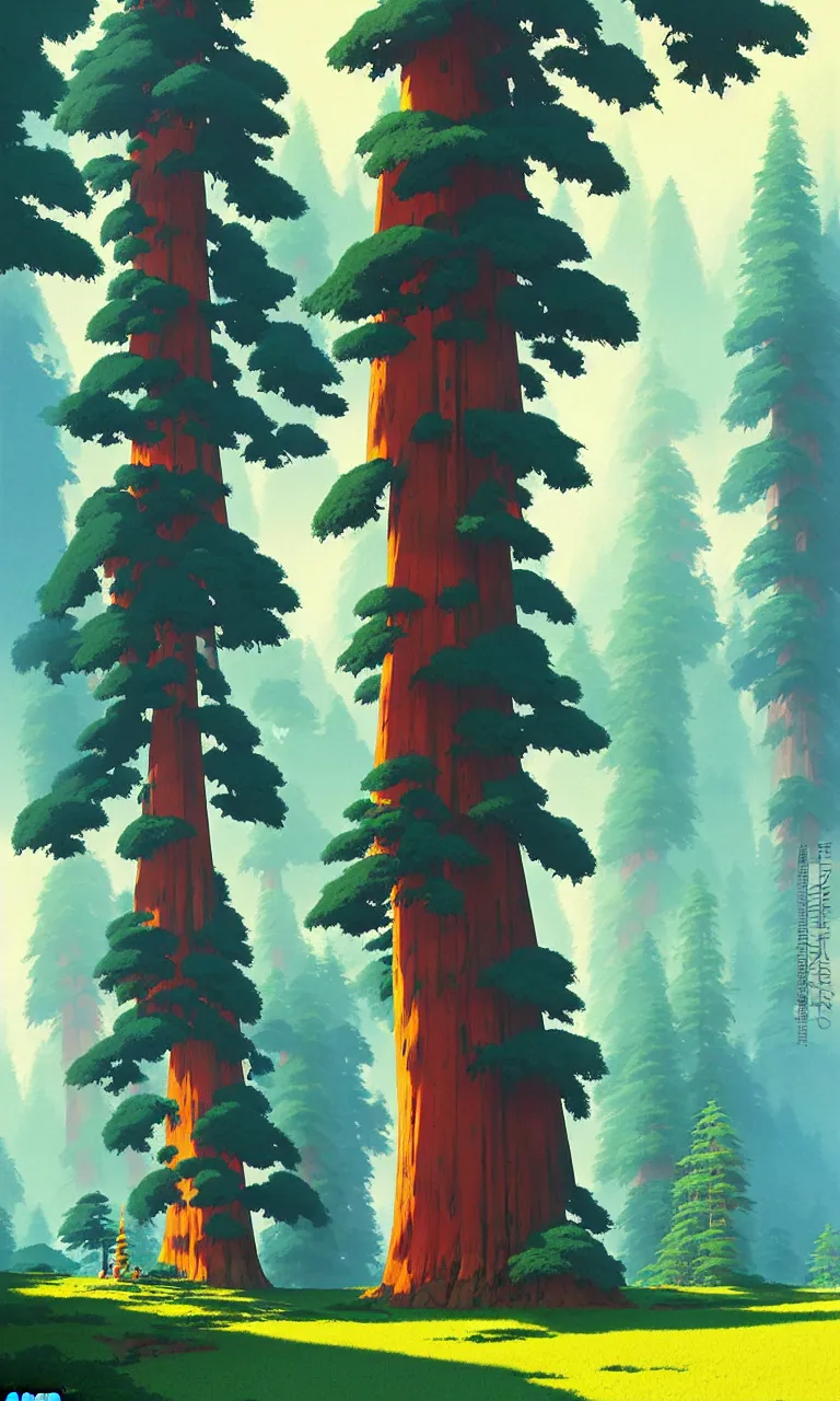 Image similar to Sequoia forest in a colorful moutain with beautiful trees , no people, morning, by studio ghibli painting, superior quality, masterpiece, traditional Japanese colors, by Grzegorz Rutkowski, concept art