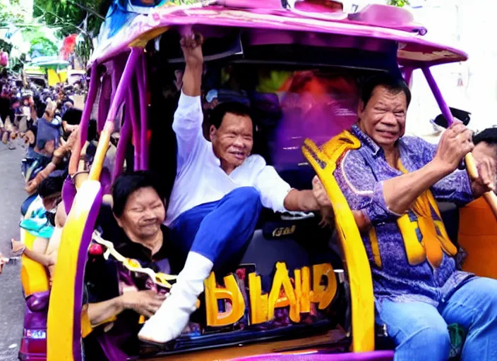 Prompt: rodrigo duterte and thanos riding a jeepney, real life photograph, award winning photograph, 4 k