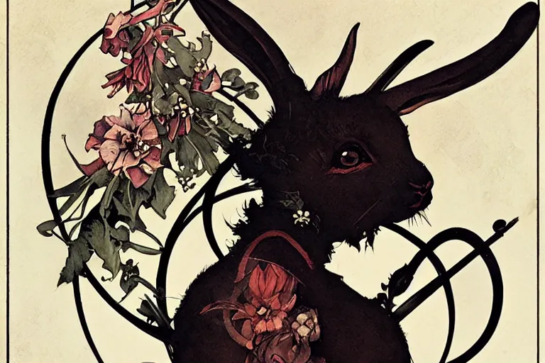 Image similar to devil rabbit, black flowers, Art Nouveau designs and borders by jeffrey jones, Edmund Dulac, John Baer, kay neilsen, trending on artstation, Tom Bagshaw, Sargent