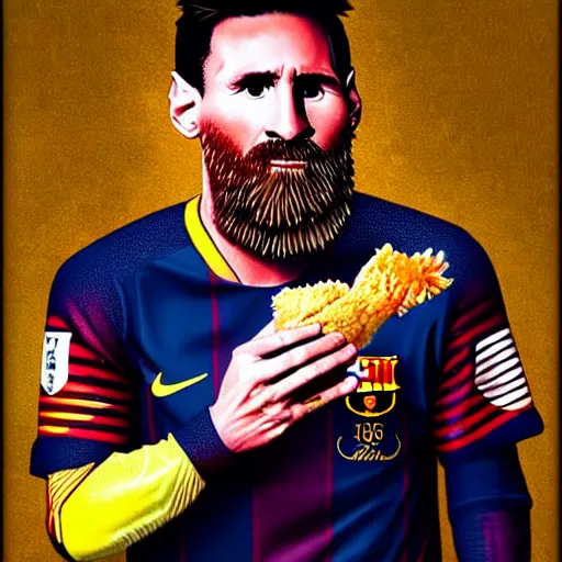 Image similar to lionel messi with a majestic beard eating a kfc zinger by affandi