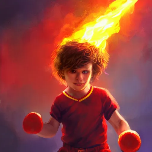 Image similar to colorful and festive captivating young child boy, brown long fluffy hair, wearing red and yellow hero suit, shooting a fire sphere out of his fist. full body, rich vivid colors, ambient lighting, dynamic lighting, 4 k, atmospheric lighting, painted, intricate, highly detailed by charlie bowater