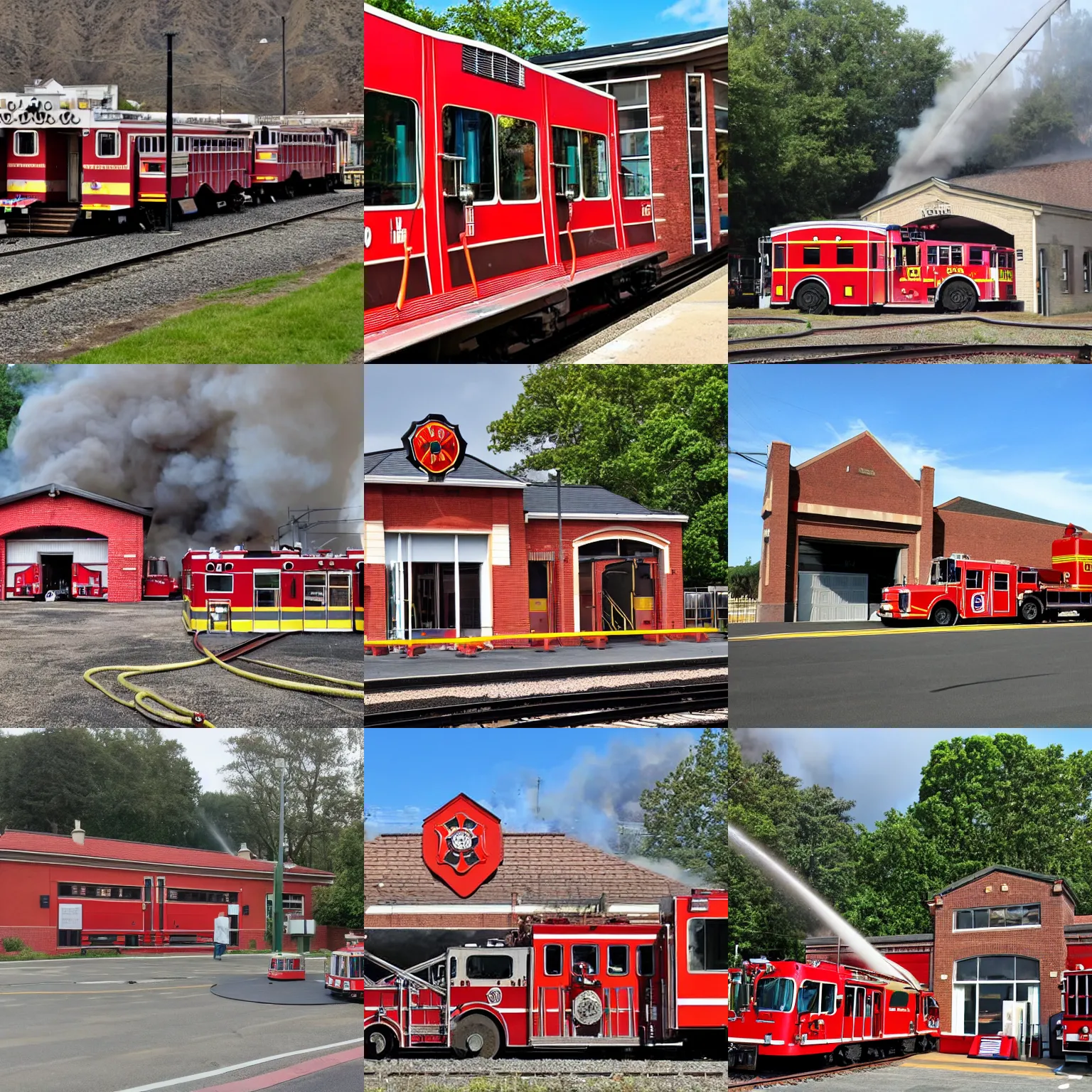 Prompt: a fire station, with a train parked outside