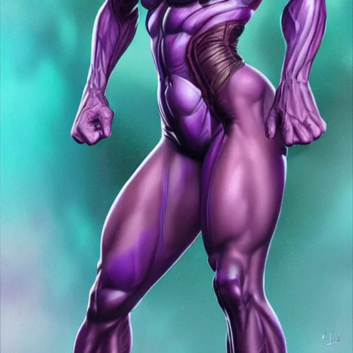 Image similar to thanos as a muscular woman, highly detailed full body portrait, elegant, breathtaking art, by artgerm