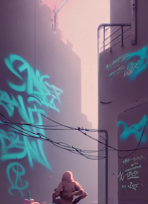 Prompt: highly detailed matte painting, of a callography graffiti tag wall, by atey ghailan, by greg rutkowski, by greg tocchini, by james gilleard, by joe fenton, by kaethe butcher, pink, brown, light blue and white mystical color scheme, grunge aesthetic, octane render