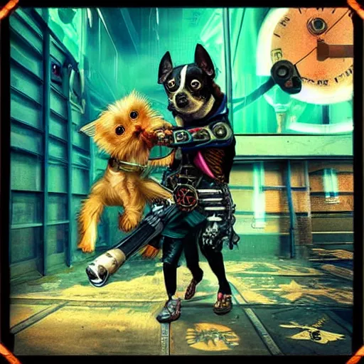 Image similar to “Cyberpunk Chihuahua fighting a steampunk Yorkie”