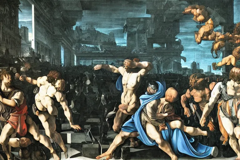 Prompt: Very Highly Detailed Elimination of humanity. Digital concept art by Caravaggio, very detailed face's, cyan dimensional light, Many Details by Michelangelo, Futuristic city as Background