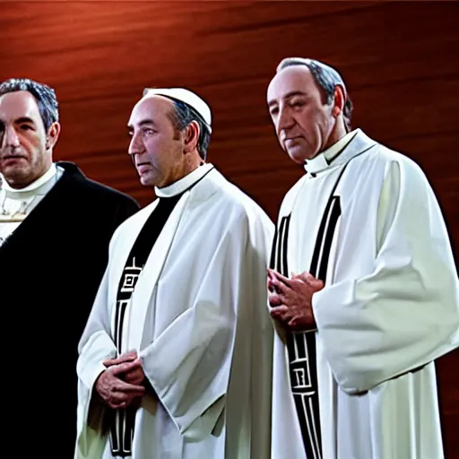 Image similar to jeffery epstein, bill cosby, and kevin spacey dressed up as catholic priests, speaking to a congregation in church, 8 k, realistic.