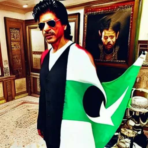 Prompt: of shahrukh khan with pakistani flag and looking very happy