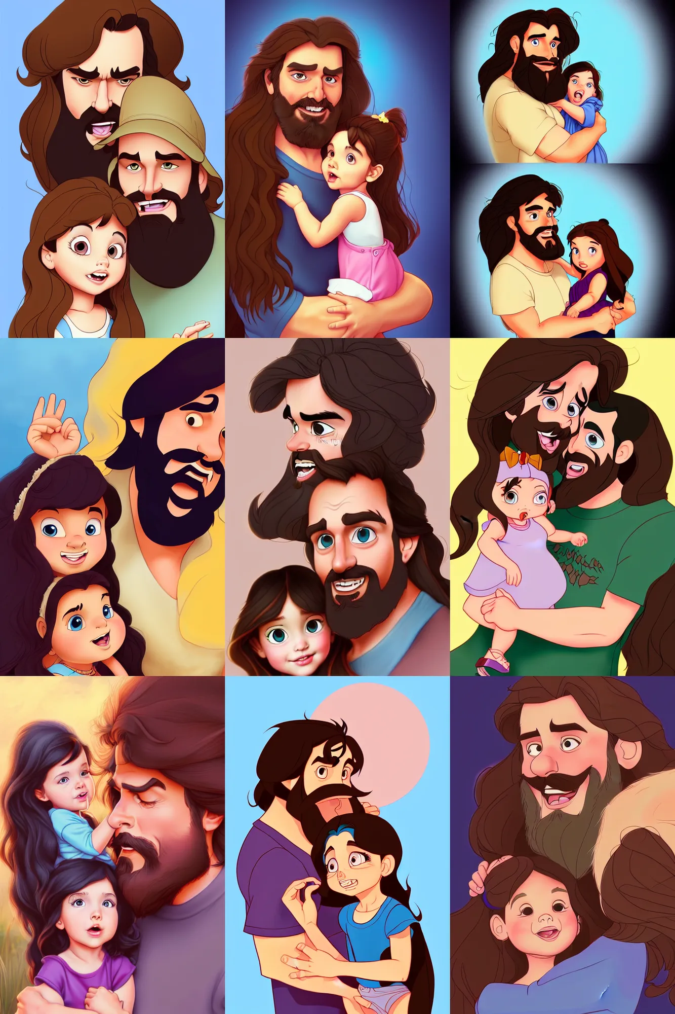 Image similar to a long - haired bearded father and his brunette child toddler girl full color digital illustration in the style of don bluth, artgerm, artstation trending, 4 k