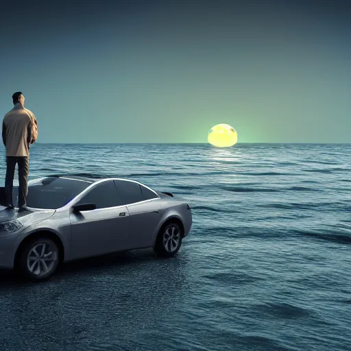 Image similar to man on the car in the middle of sea, moon glowing, 4 k render,