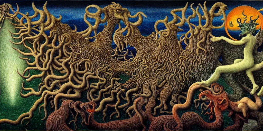 Prompt: mythical creatures and monsters in the imaginal realm of the collective unconscious, in a dark surreal painting by johfra, mc escher and ronny khalil