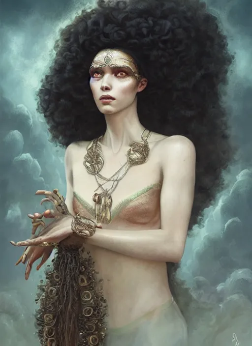 Prompt: portrait of cassandra the trojan prophetess, wild black curly hair, by bogdan rezunenko and denys tsiperko and tom bagshaw, magic realism