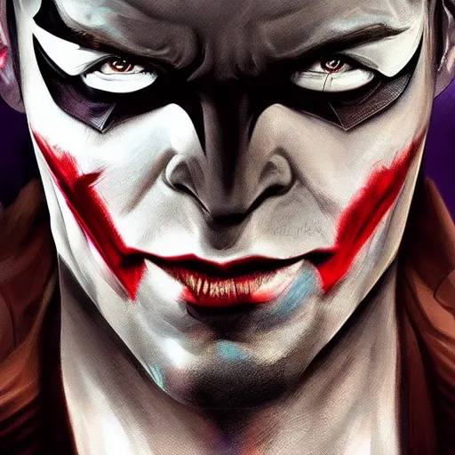 Image similar to half batman half joker face, digital painting, amazing detail, artstation, cgsociety, photorealistic