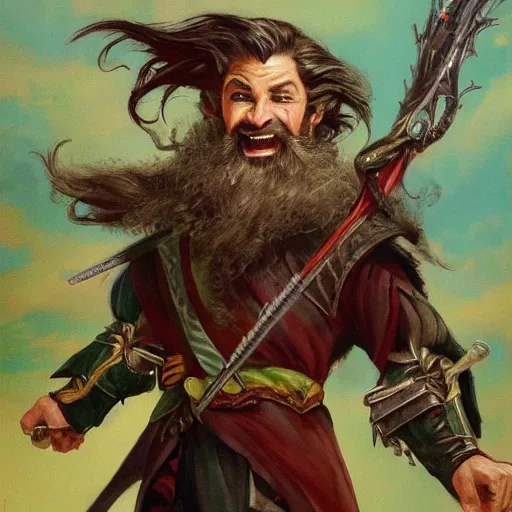 Image similar to beautiful portrait painting of a very short and small male halfing bard with brown hair with some grey hairs, wearing very fancy green cape, full beard, ridiculous smile, from pathfinder, evil smirk, narcissist, self centered, casting fireball, painted by larry elmore, wayne reynolds, greg rutkowski, magic the gathering, dungeons and dragons, dishonored 2