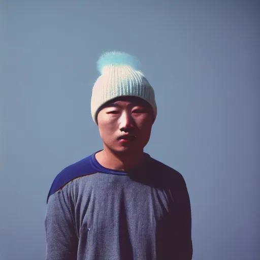 Prompt: photo of asian man wearing a beanie, cinestill, 8 0 0 t, 3 5 mm, full - hd